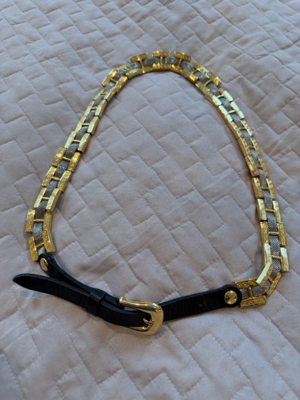Vintage Milos Gold & Silver Chain-Link Belt with Black Leather Accents.